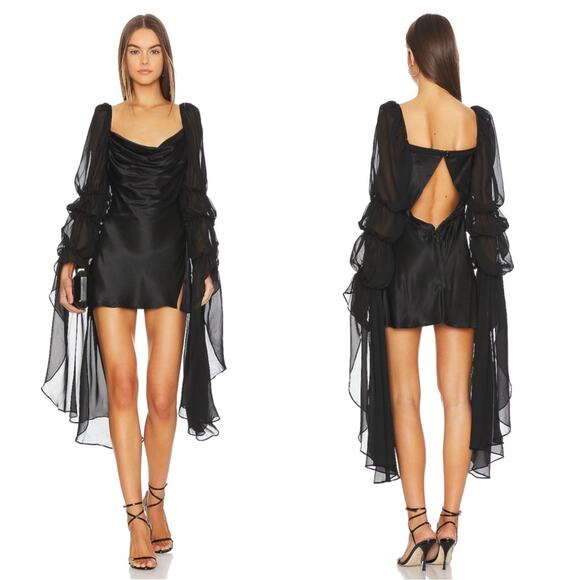 For Love & Lemons Willow Dramatic Long Sleeve Ruched Black Mini Dress Size Small - Picture 1 of 11